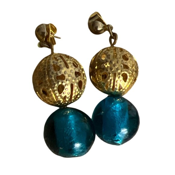 Vintage Gold Tone Dangle Pierced Earrings Blue Glass Cage Beads 1.5" Long Bali - Picture 2 of 3